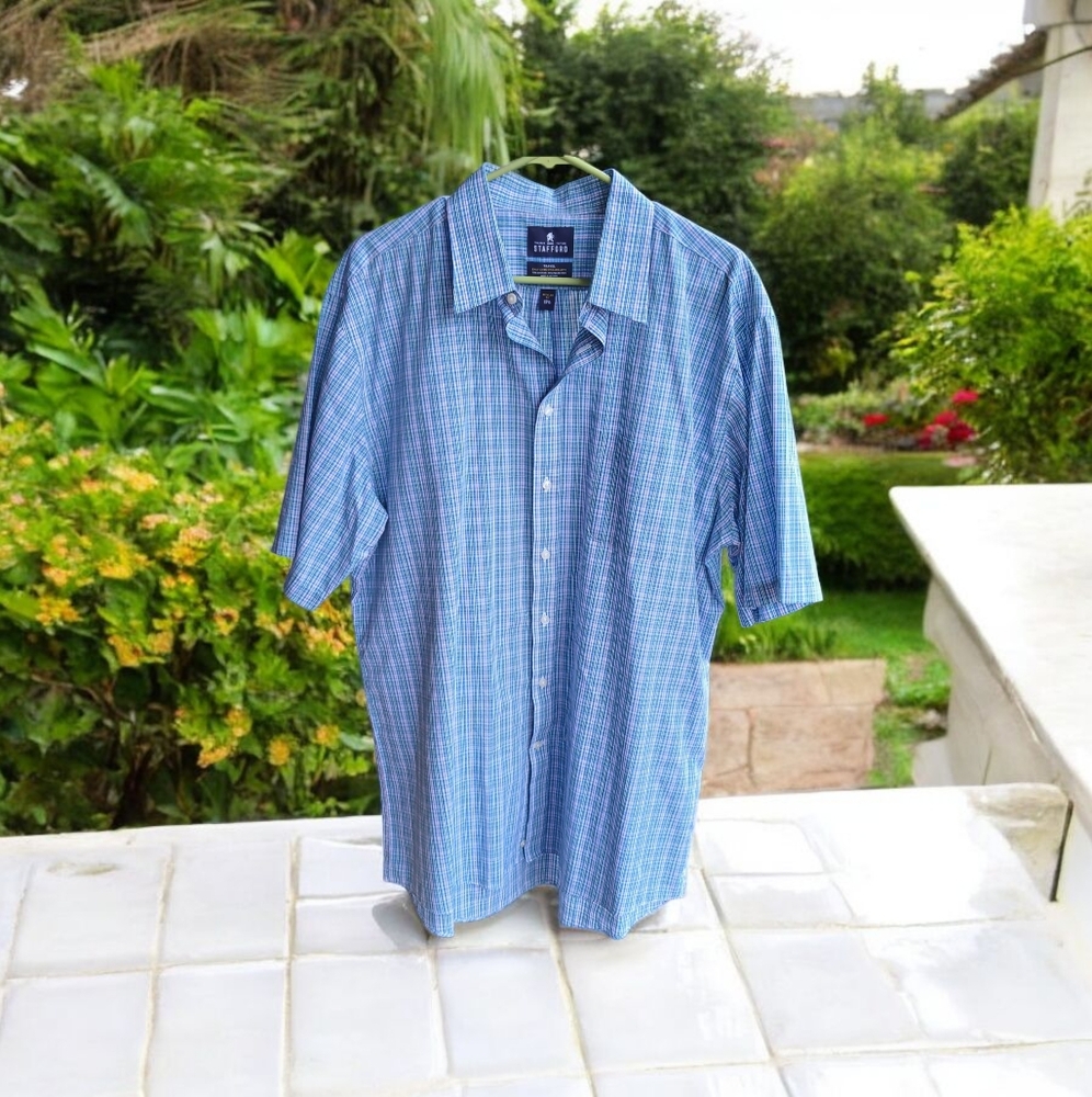Blue Plaid Men's 17-1/2" Stafford Reg Fit S/S Easy Care Travel Shirt